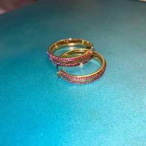 White House Black Market Gold Hoop Earrings with Fushia stones.